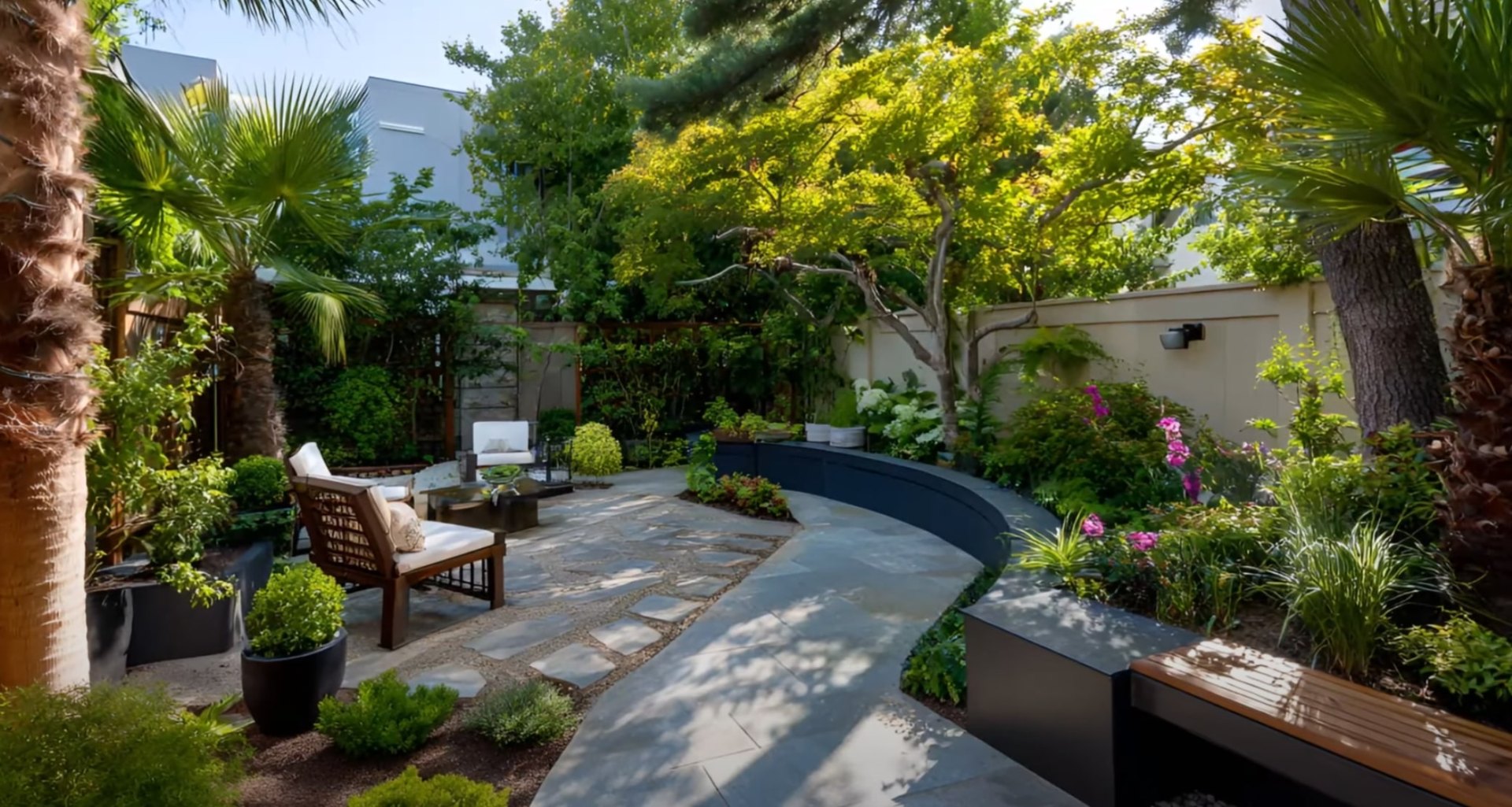 Custom landscape design featuring pool area with tropical plants and mature tree installation Modern backyard oasis with swimming pool surrounded by tropical landscaping and mature trees
