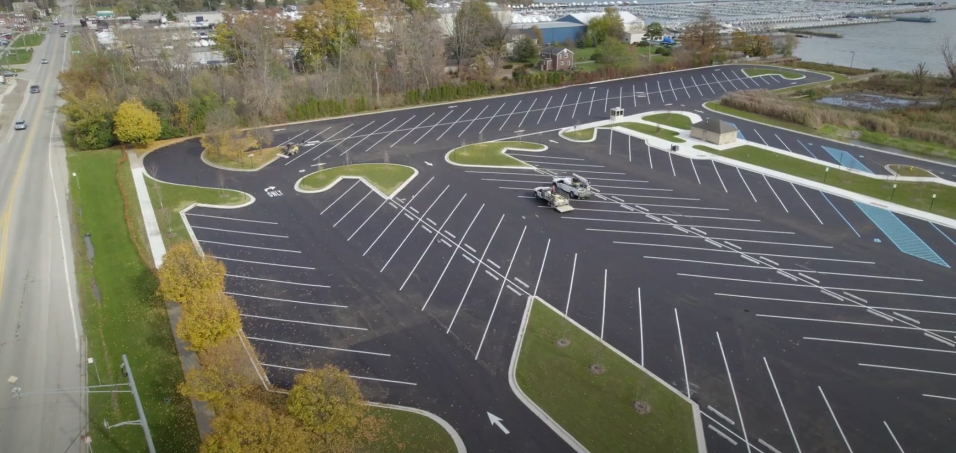Aerial view of commercial landscaping project with organized layout and green spaces